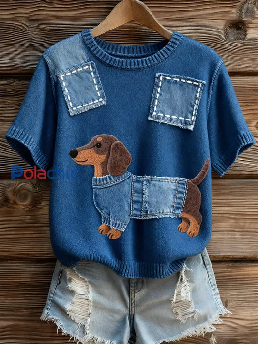 Haut à manches courtes en tricot confortable imprimé animal artistique pour femme A / S