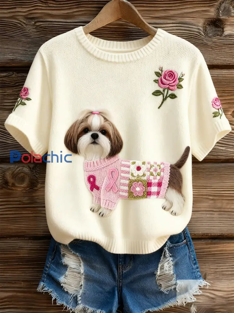 Haut à manches courtes en tricot confortable imprimé animal artistique pour femme A / S