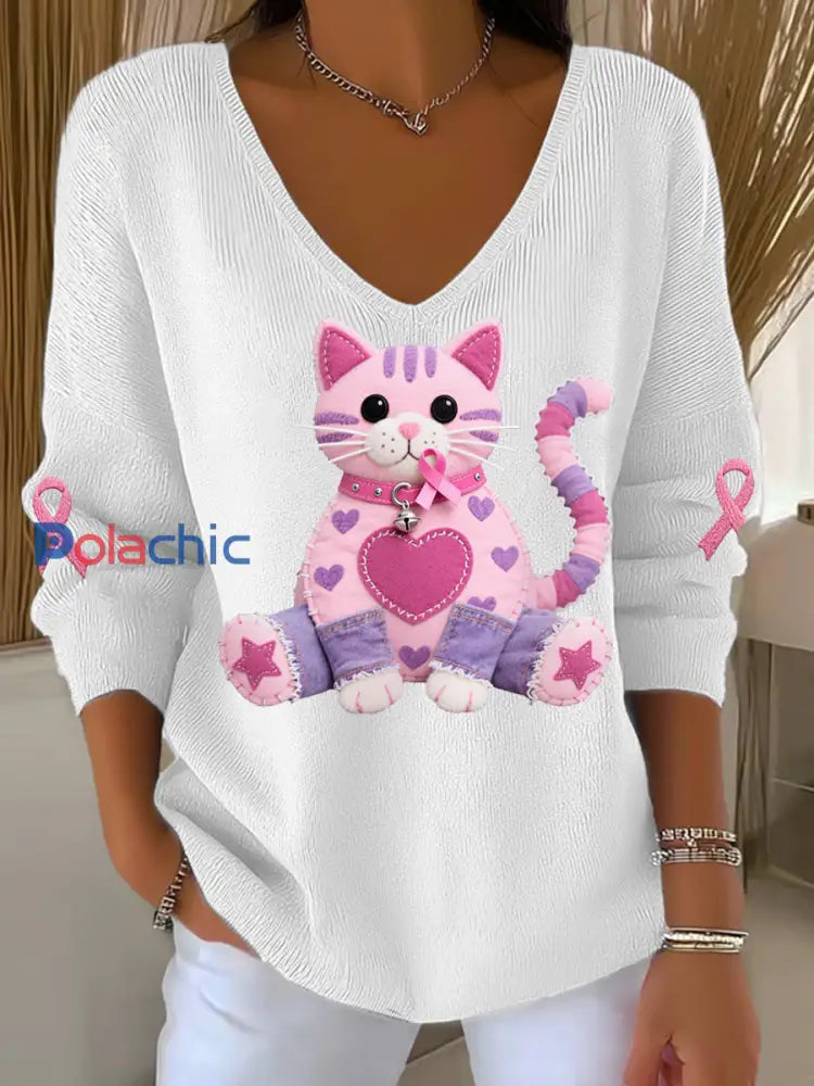 Haut à manches longues Femme Chat Rose Ruban de Soutien de Sensibilisation au Cancer du Sein Blanc / S