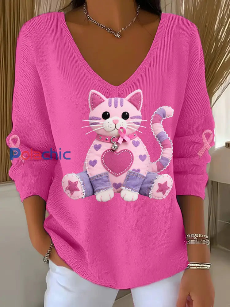 Haut à manches longues Femme Chat Rose Ruban de Soutien de Sensibilisation au Cancer du Sein Rose Rouge / S
