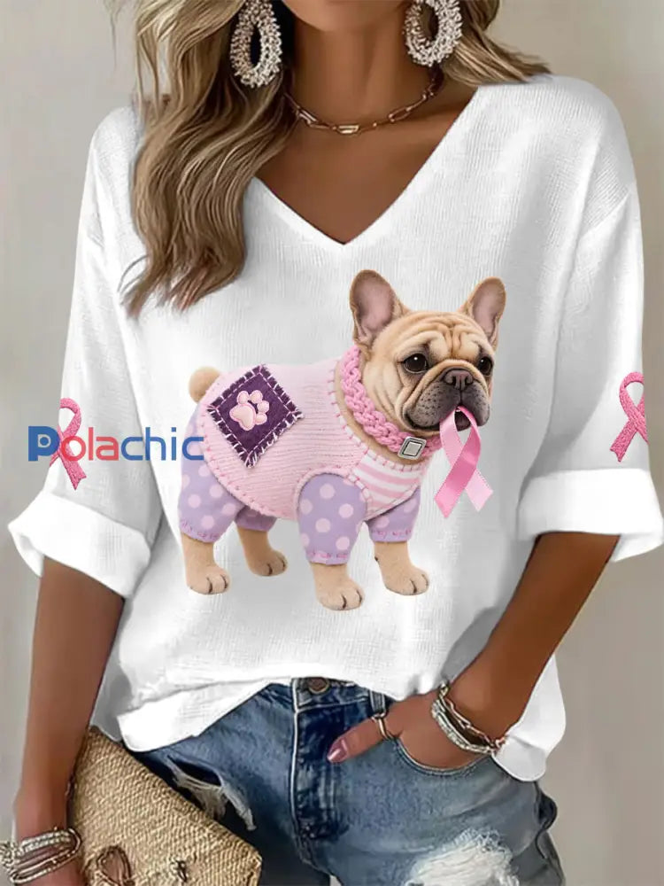 Haut à manches longues Femme Rose Chien Rose Ruban de Soutien de Sensibilisation au Cancer du Sein Blanc / S