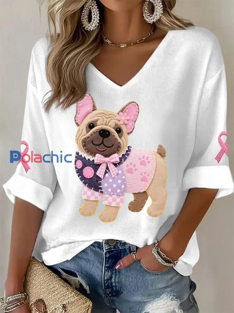 Haut à manches longues Femme Rose Chien Rose Ruban de Soutien de Sensibilisation au Cancer du Sein Blanc / S