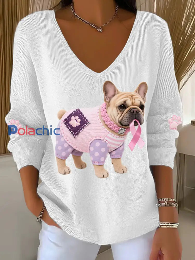 Haut à manches longues Femme Rose Chien Rose Ruban de Soutien de Sensibilisation au Cancer du Sein Blanc / S