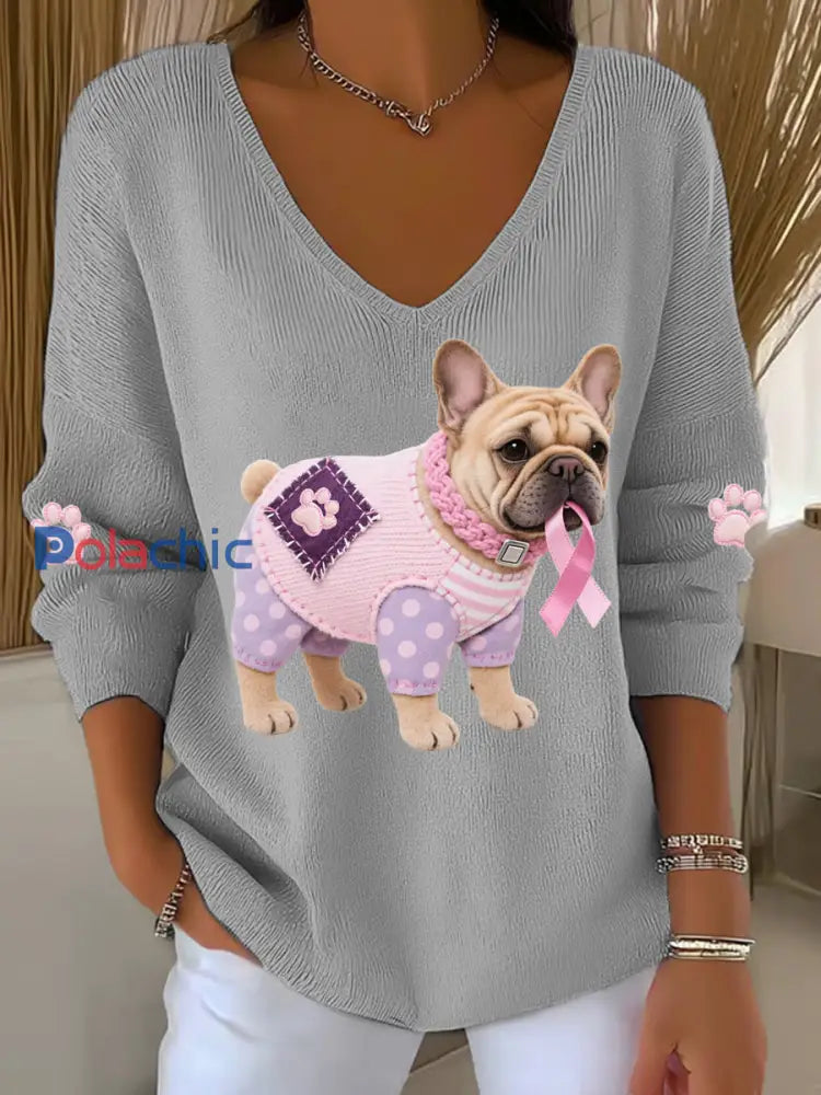 Haut à manches longues Femme Rose Chien Rose Ruban de Soutien de Sensibilisation au Cancer du Sein Gris / S