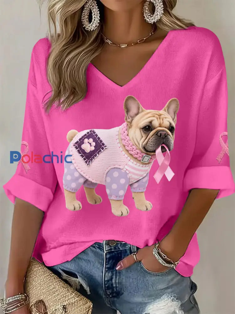 Haut à manches longues Femme Rose Chien Rose Ruban de Soutien de Sensibilisation au Cancer du Sein Rose Rouge / S