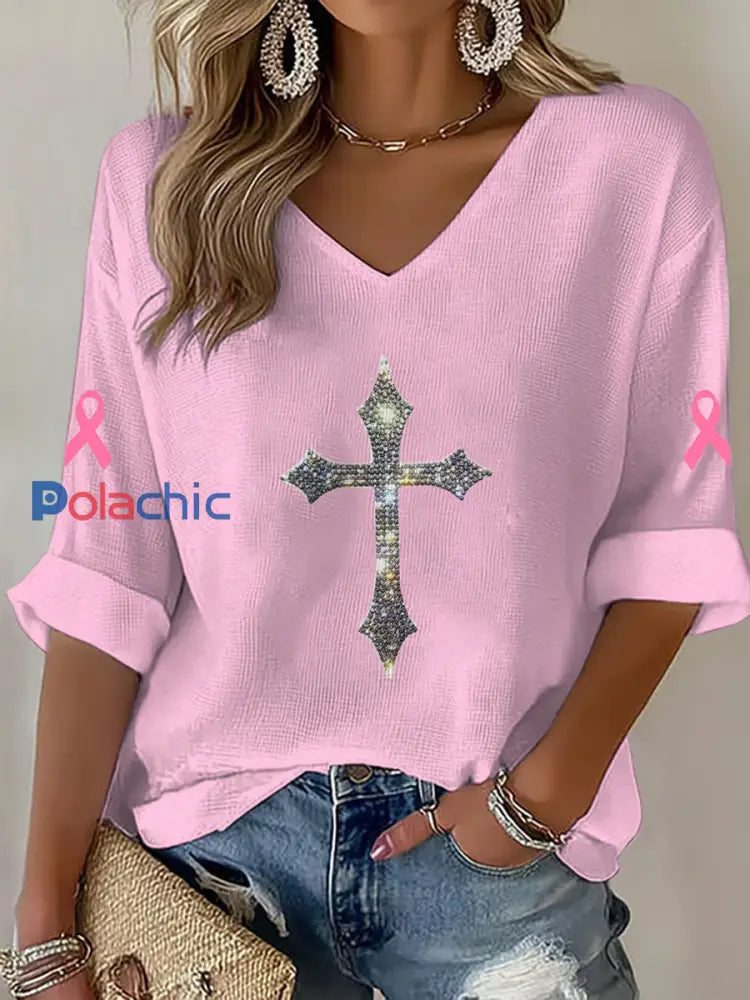 Haut à manches longues pour femme rose Cross Breast Cancer Awareness Rose / S