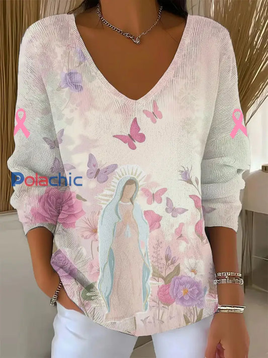 Haut à manches longues pour femmes Virgin Mary Rose Breast Cancer Awareness comme image / S