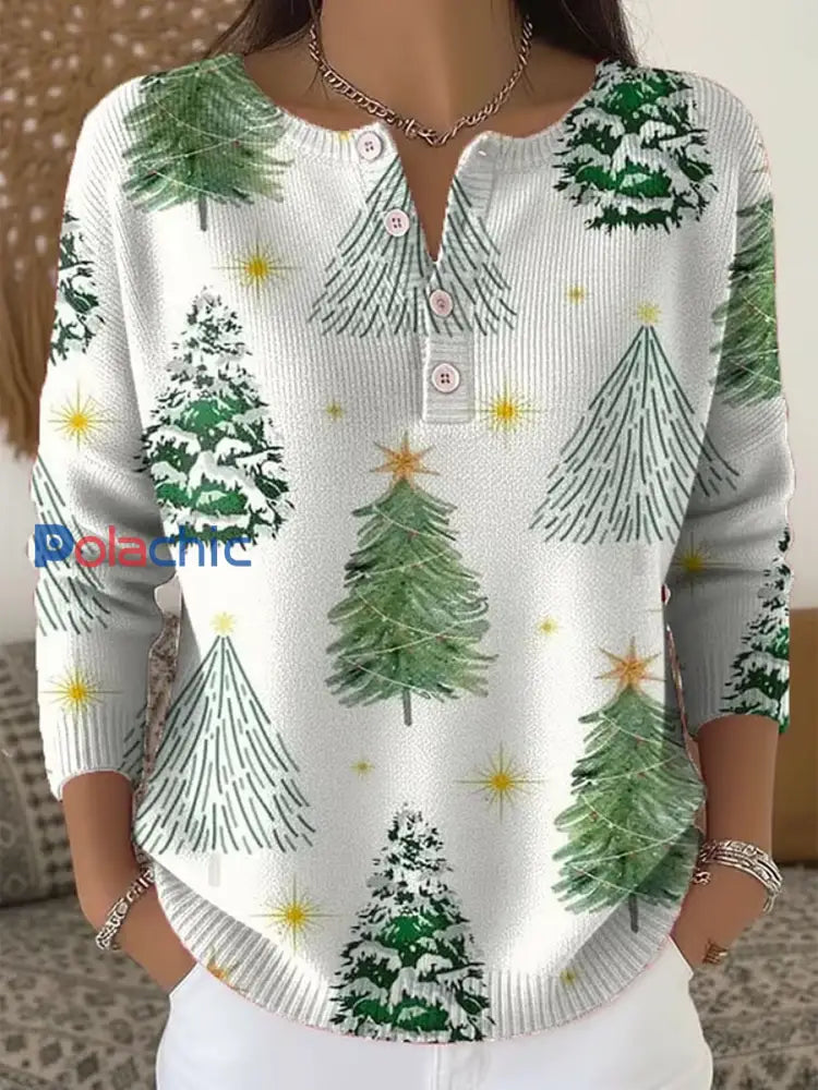 Haut boutonné en tricot à imprimé de Noël pour femmes Blanc / S