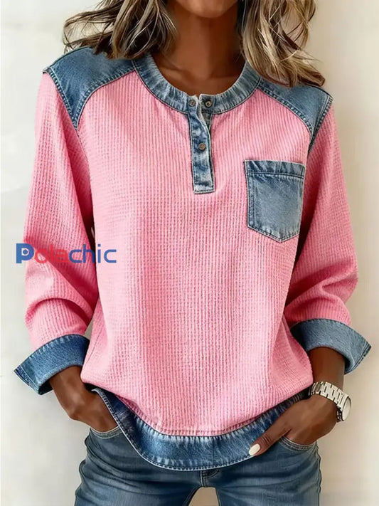 Haut confortable de conception de patchwork de la mode des femmes Rose / S