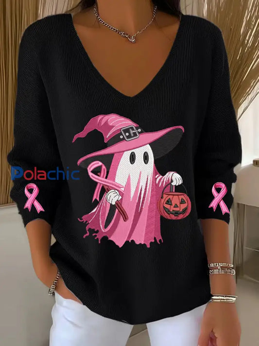 Haut Côtelé Citrouille Fantôme Femme Ruban Rose Cancer Du Sein à Col En V Noir / S