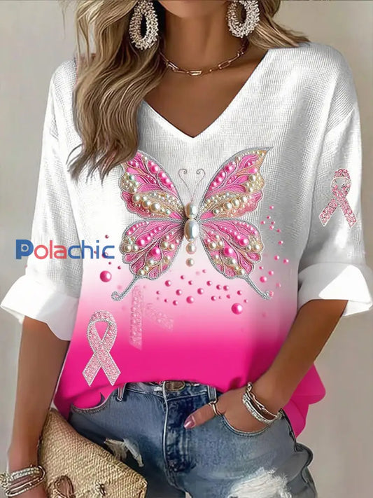 Haut en coton imprimé de ruban de cancer du sein pour femmes A / S