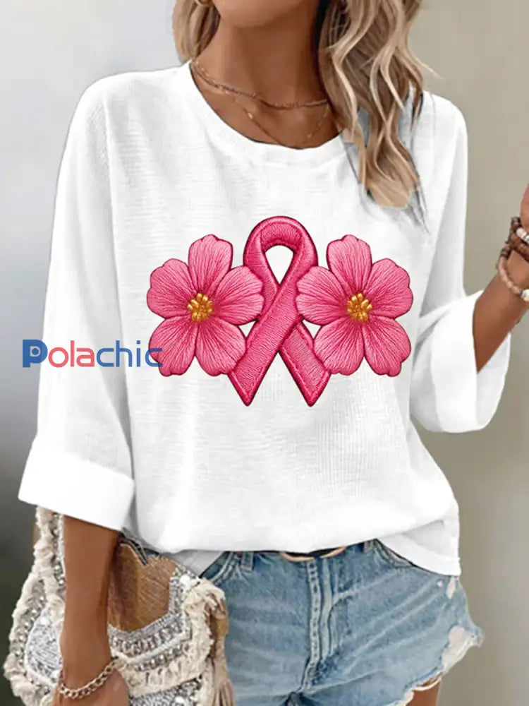 Haut en coton imprimé de ruban de cancer du sein pour femmes A / S