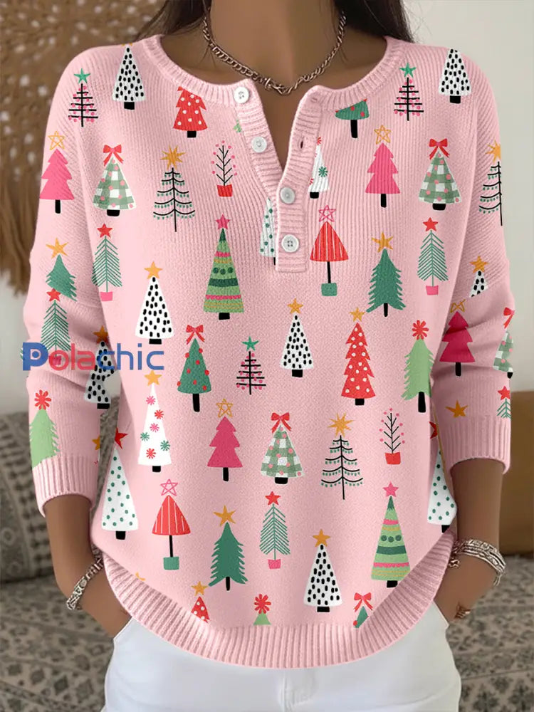 Haut en tricot confortable à imprimé d’art d’arbre de Noël pour femmes Rose / S