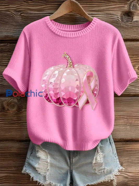 Haut en tricot confortable à motif citrouilles scintillantes et ruban pour femmes Rose / S