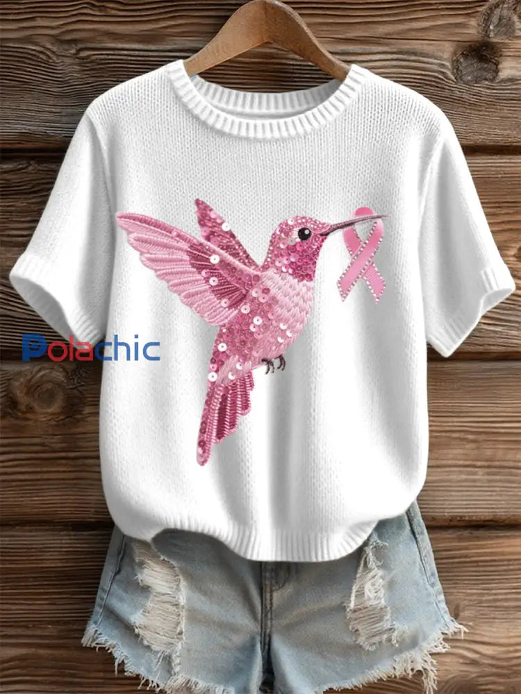 Haut en tricot confortable à motif de colibri à sequins rose pour femmes Blanc / S