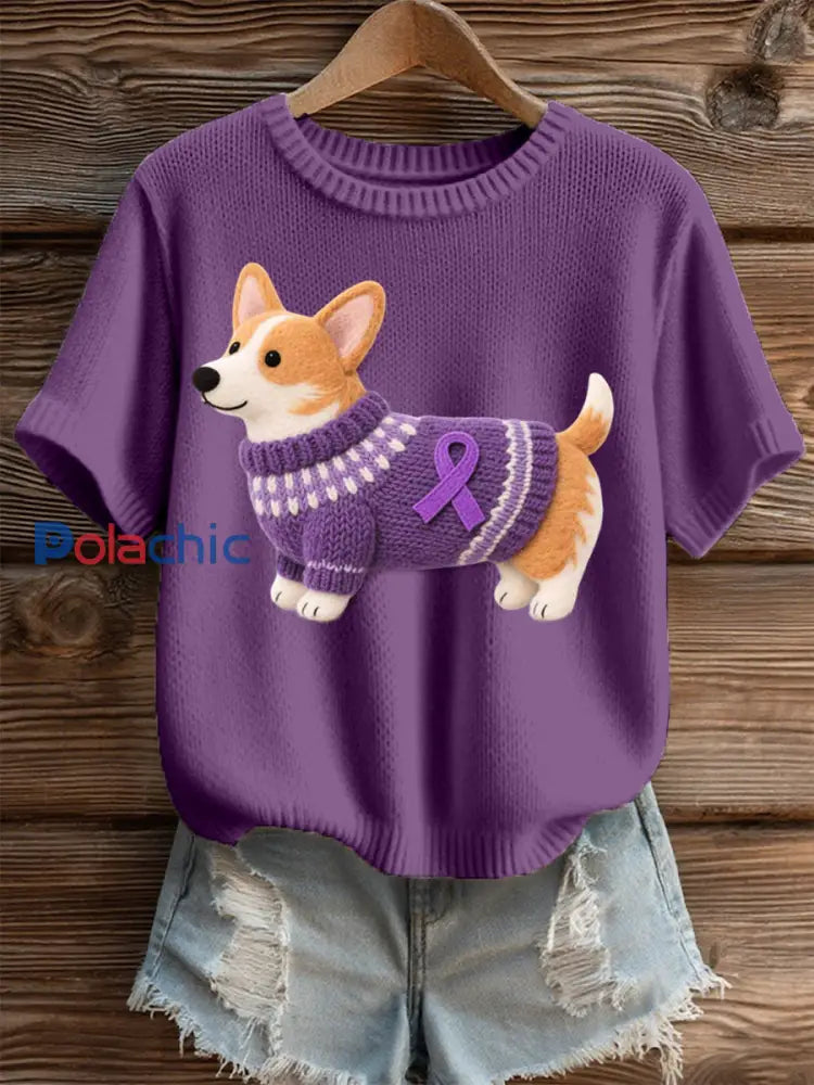 Haut en tricot confortable pour femmes en feutre Art Corgi Pattern pourpre profond / S