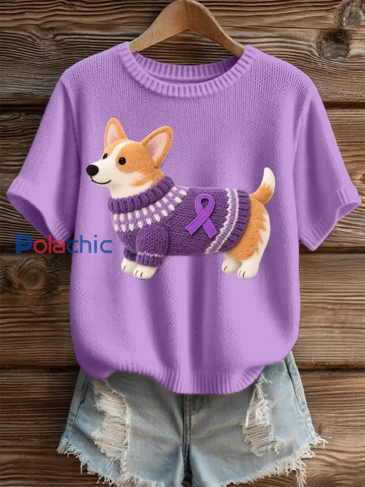 Haut en tricot confortable pour femmes en feutre Art Corgi Pattern pourpre / S