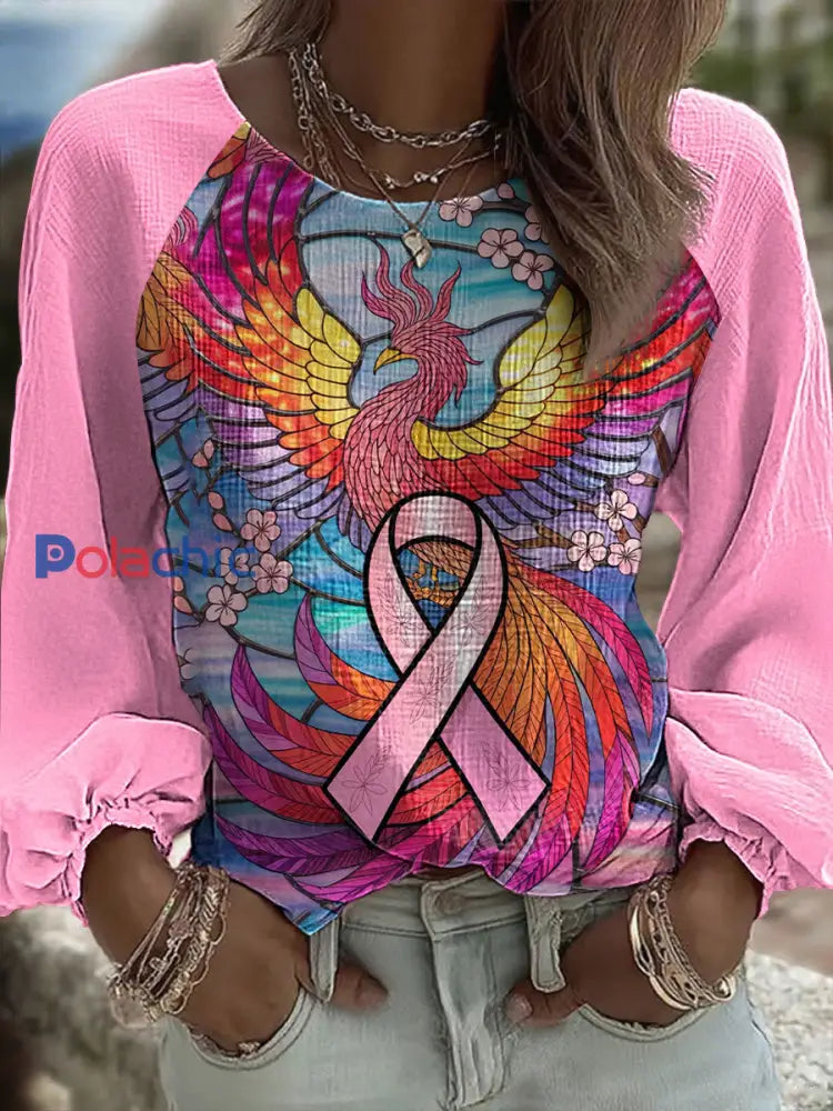 Haut femme rose en coton et lin à imprimé Phoenix conscience du cancer du sein Rose / S