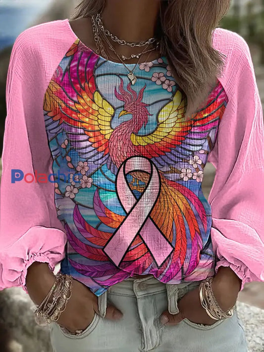 Haut femme rose en coton et lin à imprimé Phoenix conscience du cancer du sein Rose / S