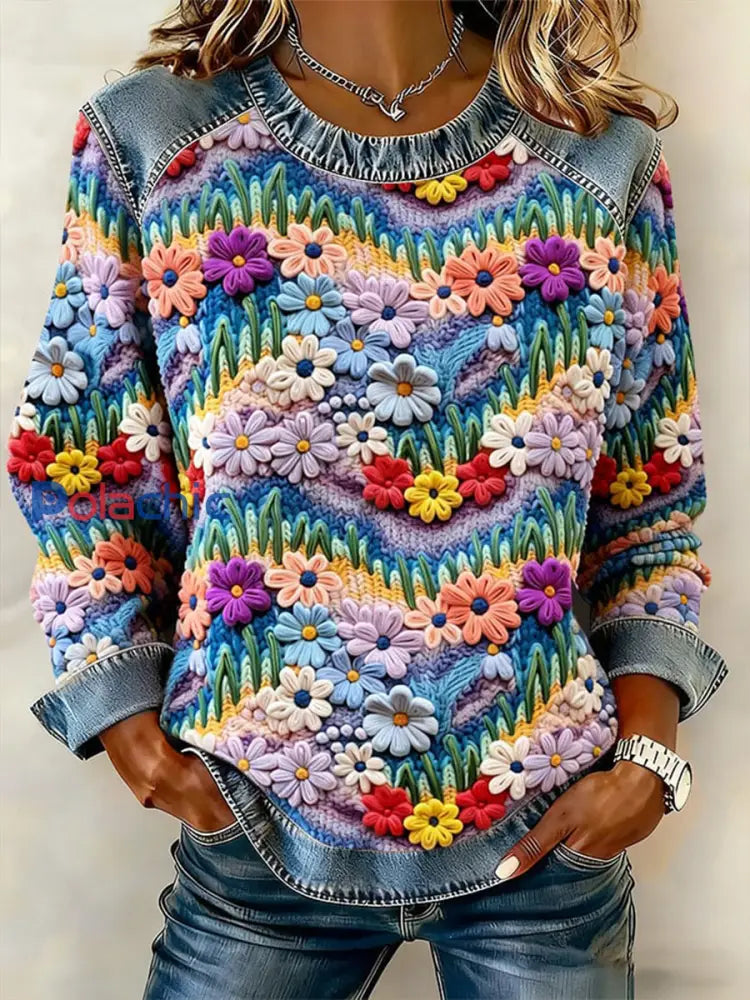 Haut patchwork en denim floral de style western pour femmes comme image / S