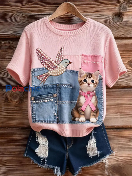 Hauts de sensibilisation au cancer du sein pour femmes Hummingbird Cat Rose / S