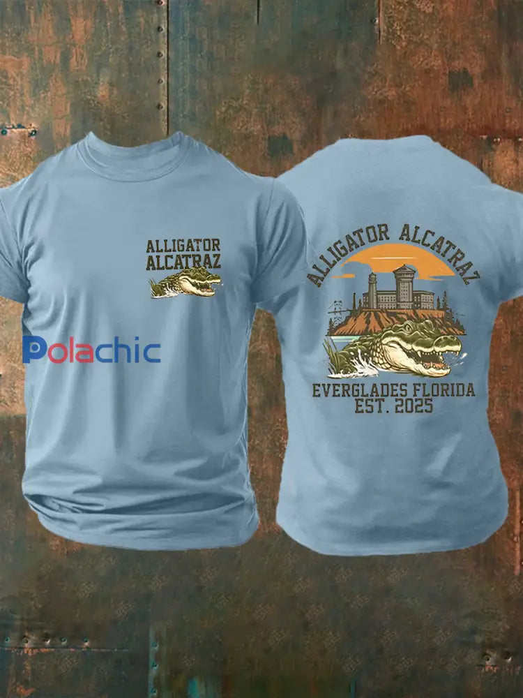 Hommes rétro Alligator Alcatraz Funny Florida Everglades foncé humour manches courtes Tee bleu clair / S