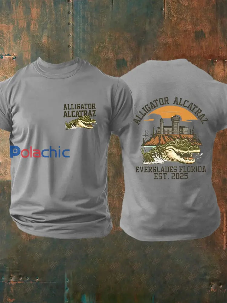 Hommes rétro Alligator Alcatraz Funny Florida Everglades foncé humour manches courtes Tee gris clair / S