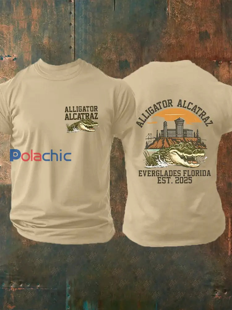 Hommes rétro Alligator Alcatraz Funny Florida Everglades foncé humour manches courtes Tee kaki / S