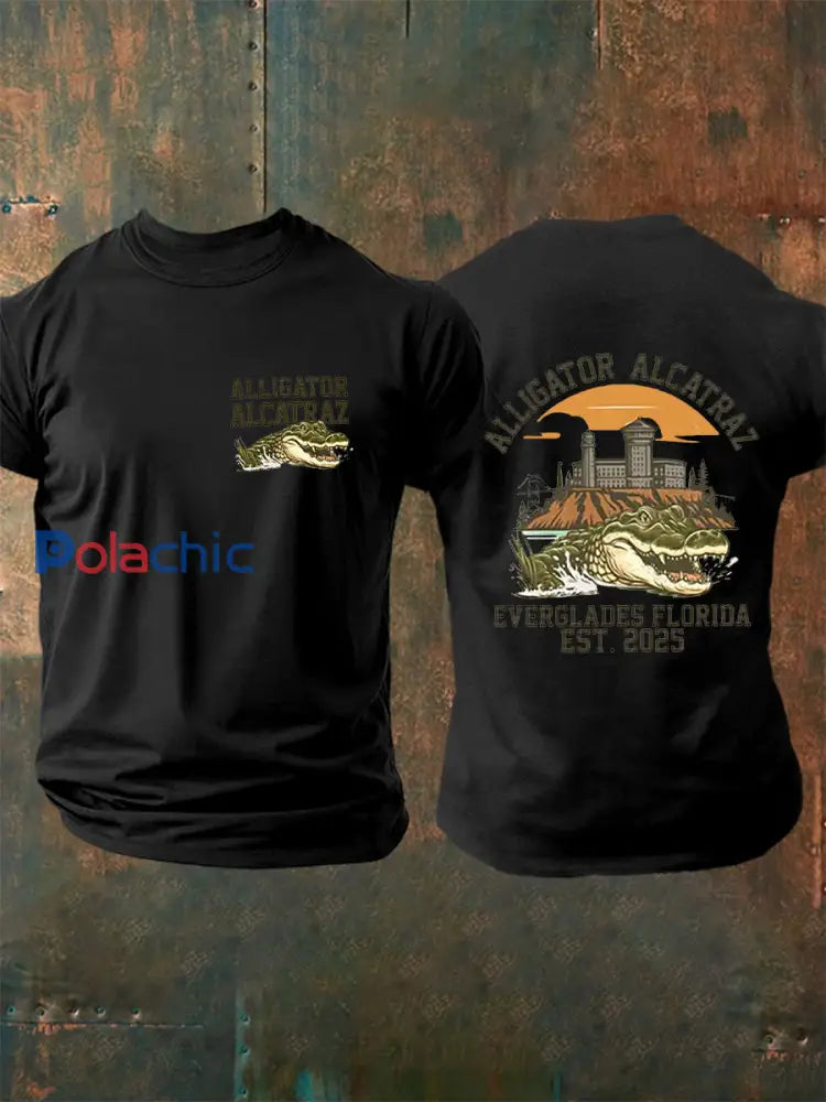 Hommes rétro Alligator Alcatraz Funny Florida Everglades foncé humour manches courtes Tee noir / S