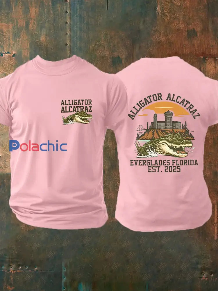Hommes rétro Alligator Alcatraz Funny Florida Everglades foncé humour manches courtes Tee rose / S