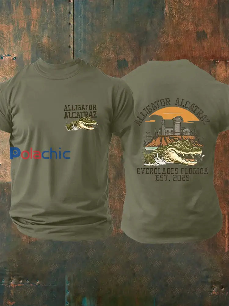 Hommes rétro Alligator Alcatraz Funny Florida Everglades foncé humour manches courtes Tee vert armée / S