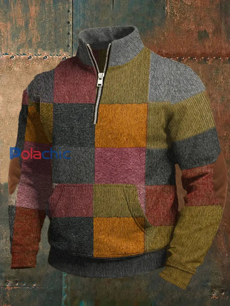 Hommes Retro Color Block Imprimer Zip-Up Pullover comme image / S