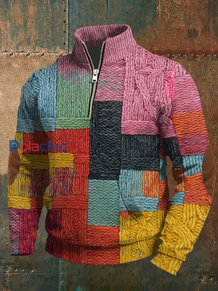 Hommes Retro Color Block Imprimer Zip-Up Pullover comme image / S