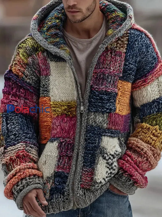 Hommes Retro Color Block Imprimer Zipper Cardigan à capuche comme image / S