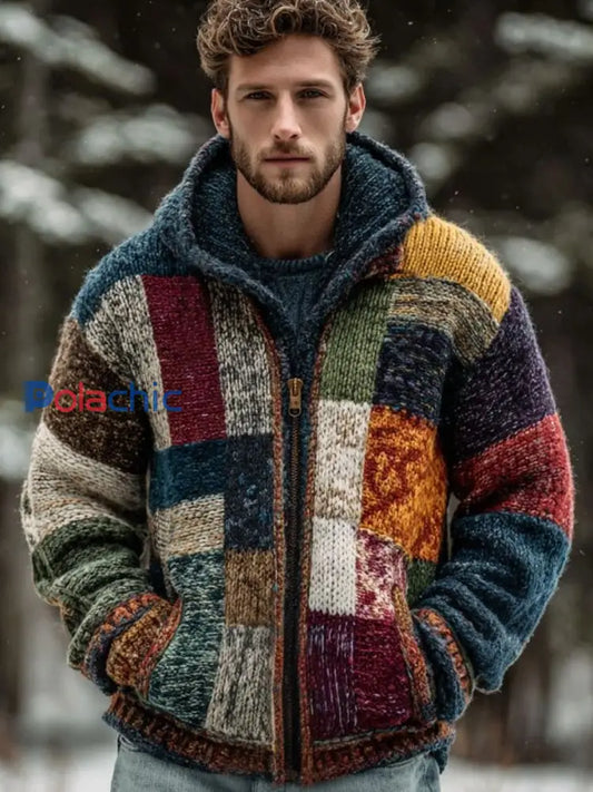 Hommes Retro Color Block Imprimer Zipper Cardigan à capuche comme image / S