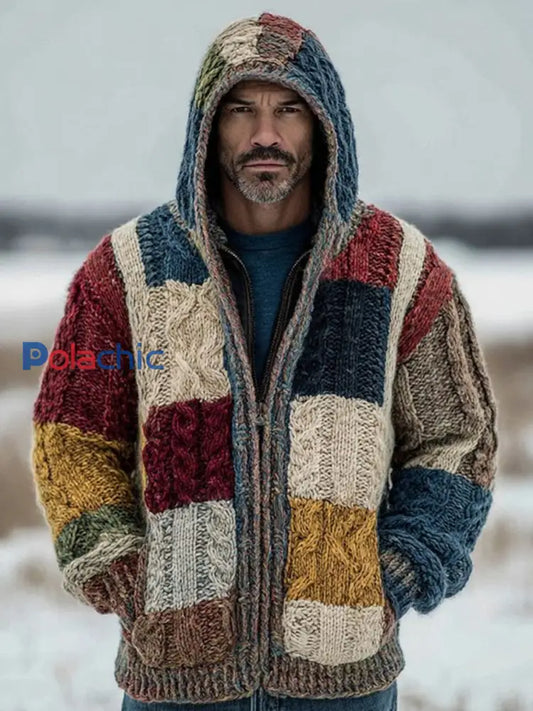 Hommes Retro Color Block Imprimer Zipper Cardigan à capuche comme image / S