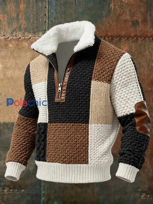 Hommes Retro Color Block Tricoté Motif Imprimer Casual Col De Fourrure Pull Marron / S