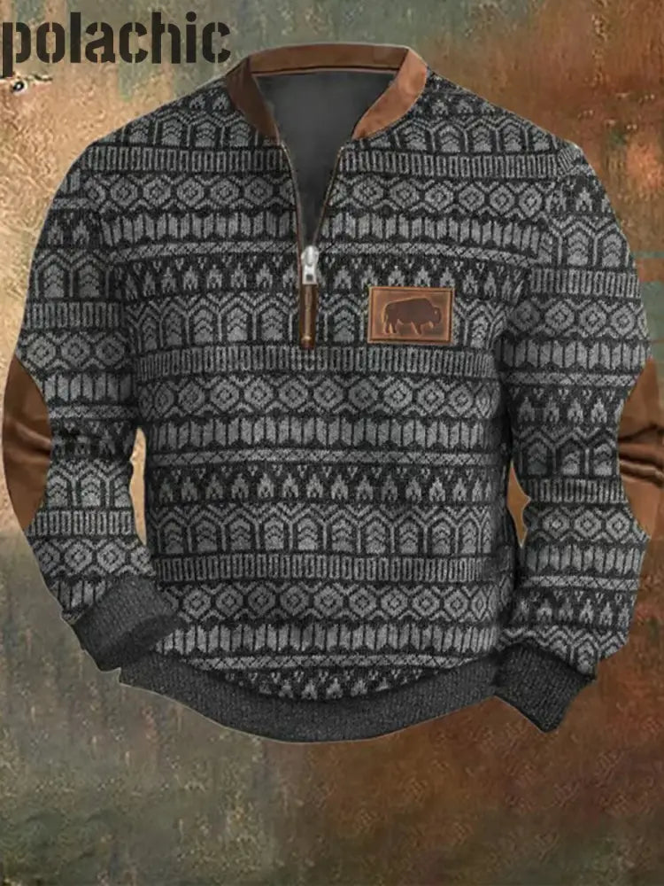 Hommes Retro Western Textured Pattern Imprimer Henley Casual Outdoor Sweatshirt Épais A / S