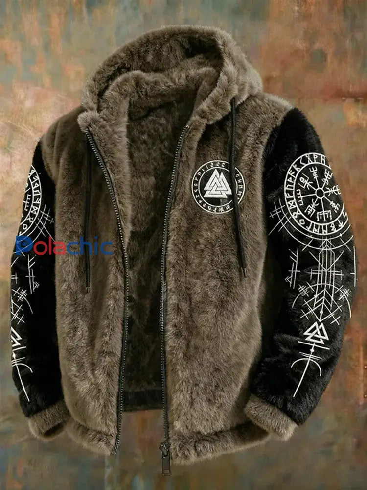 Hommes Vintage Viking Celtic Knot Flanelle Zipper Veste à capuche Marron / S