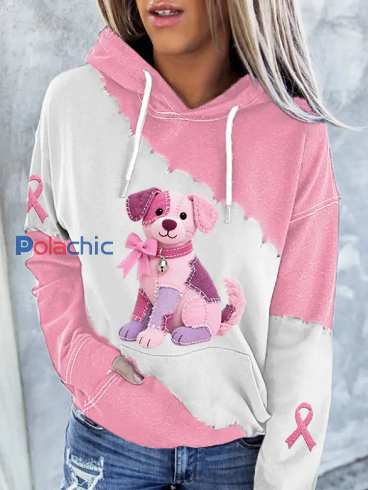 Hoodie rose de soutien de conscience de cancer du sein de ruban rose de chien des femmes Rose / S