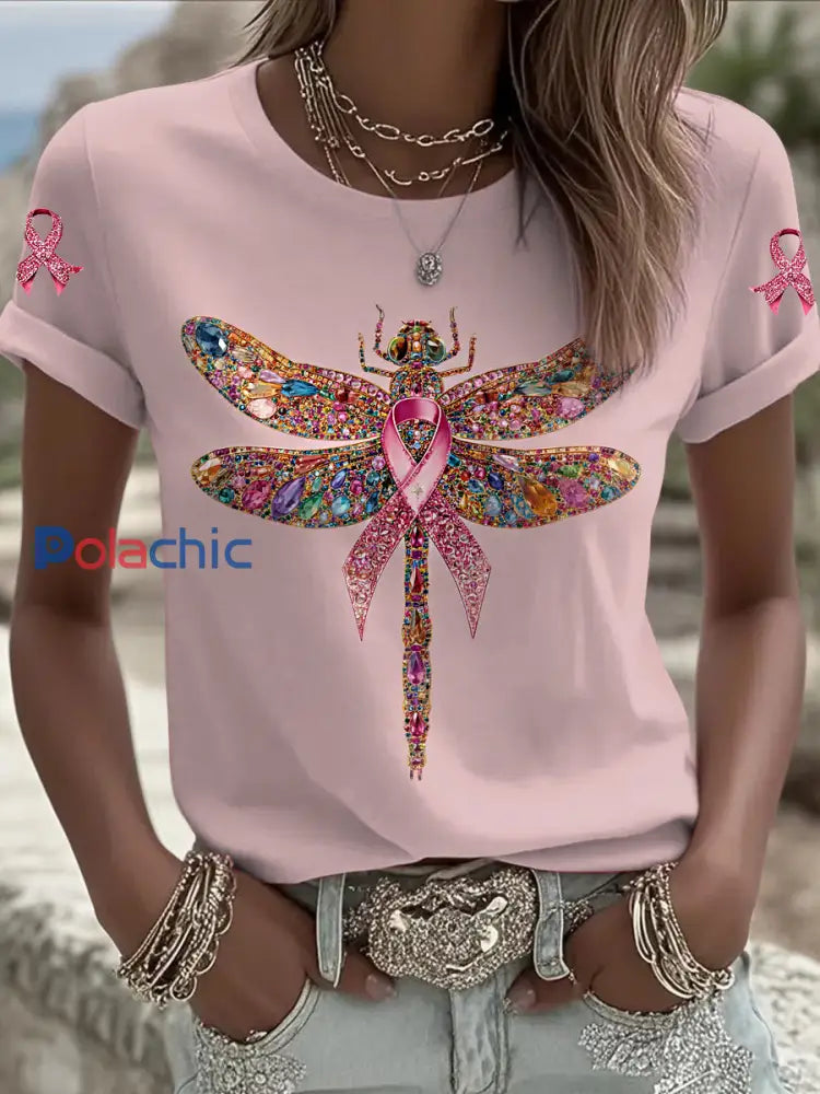 Le cancer du sein des femmes libellule imprimé mode Vintage lâche T shirt à manches courtes Rose / S