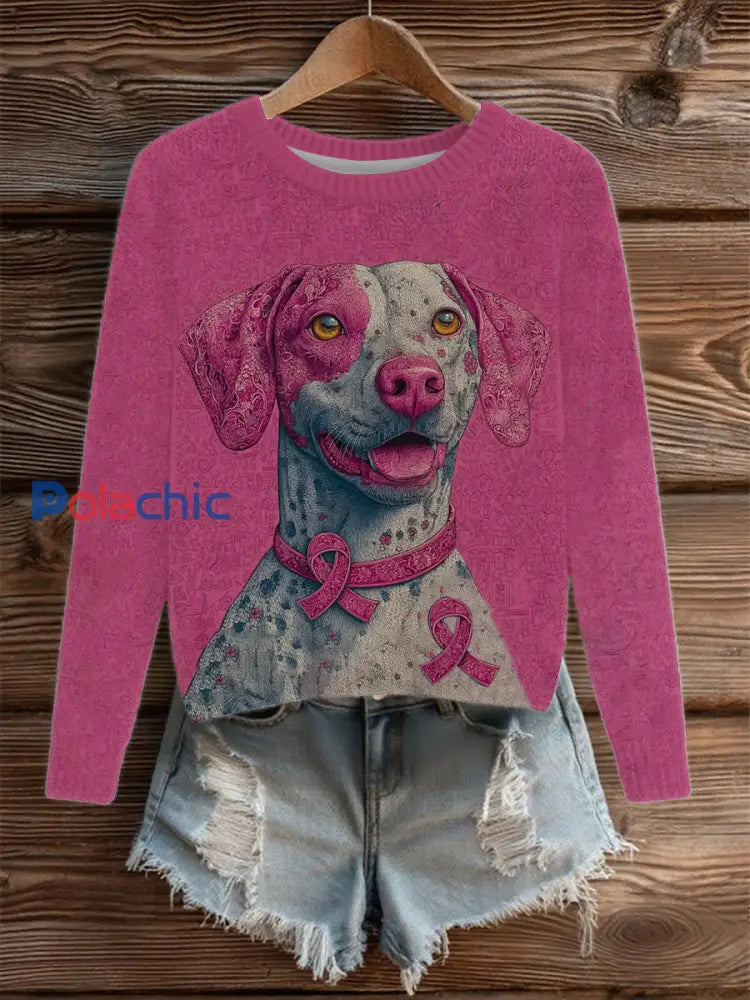 Le cancer du sein des femmes patchwork chien art tricoté pull comme image / S