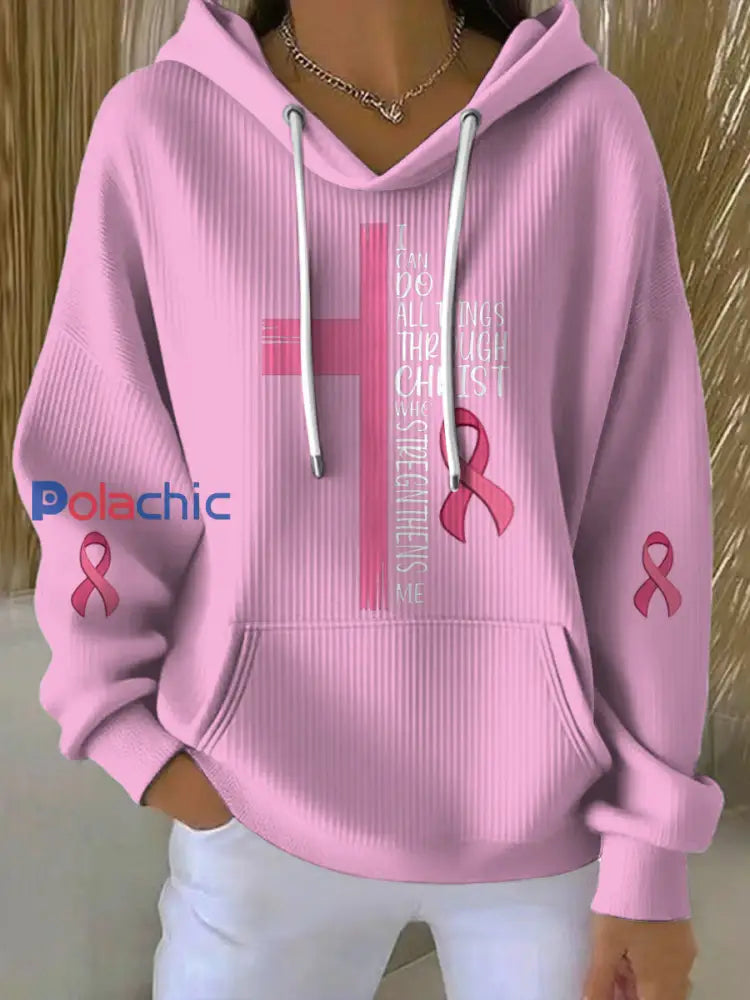 Le cancer du sein imprimé col rond à manches longues Hoodie des femmes Rose / S