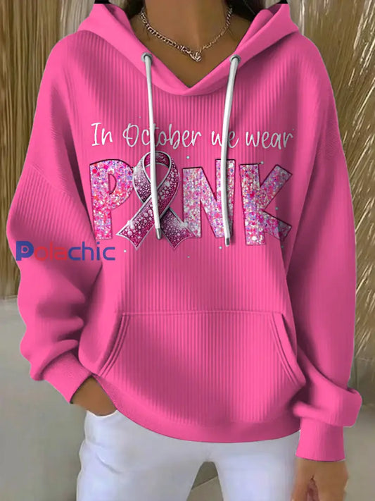 Le cancer du sein imprimé col rond à manches longues Hoodie des femmes Rose / S