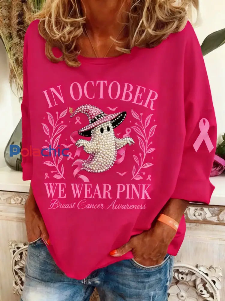 Le cancer du sein rétro diamant-clouté Halloween Ghost Print Sweatshirt à manches longues Rose Foncé / S