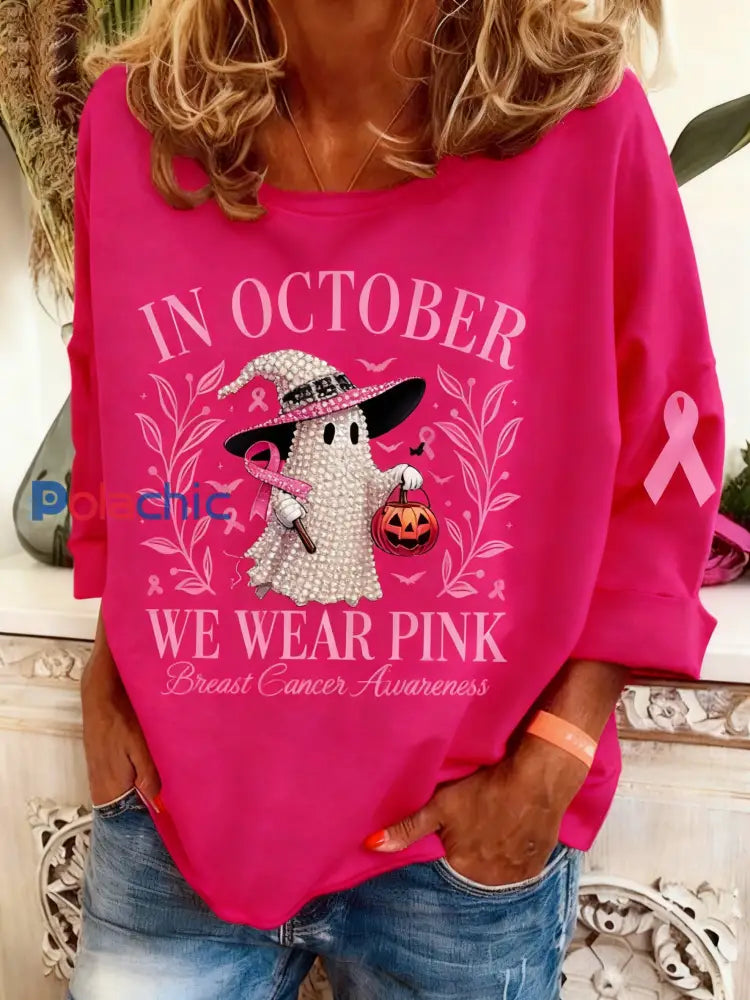 Le cancer du sein rétro diamant-clouté Halloween Ghost Print Sweatshirt à manches longues Rose Foncé / S