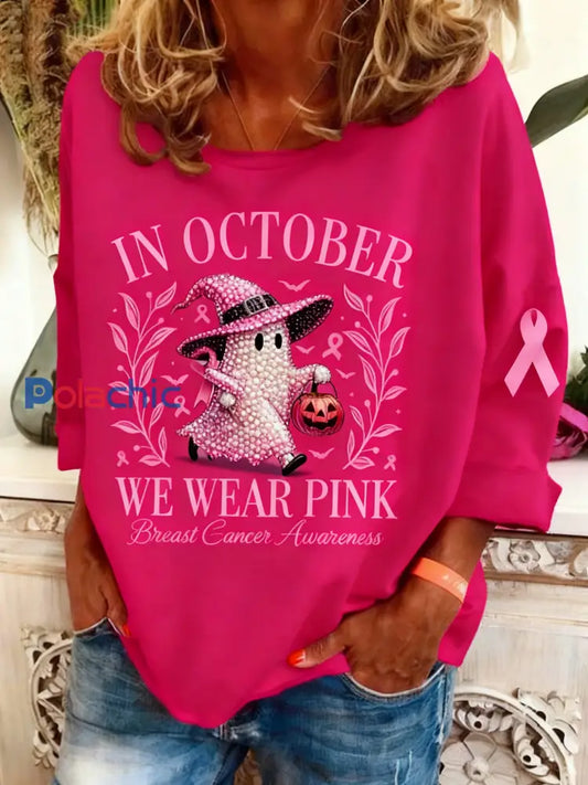 Le cancer du sein rétro diamant-clouté Halloween Ghost Print Sweatshirt à manches longues Rose Foncé / S