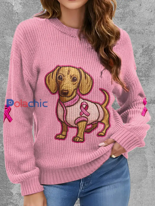Le chien du cancer du sein des femmes a imprimé autour du chandail confortable de cou Rose / S