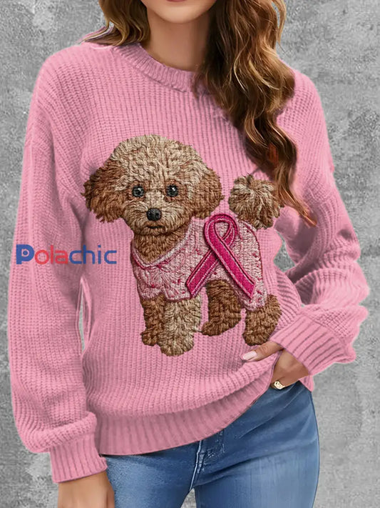 Le chien du cancer du sein des femmes a imprimé autour du chandail confortable de cou Rose / S