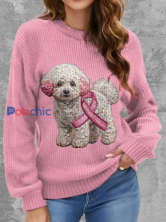 Le chien du cancer du sein des femmes a imprimé autour du chandail confortable de cou Rose / S